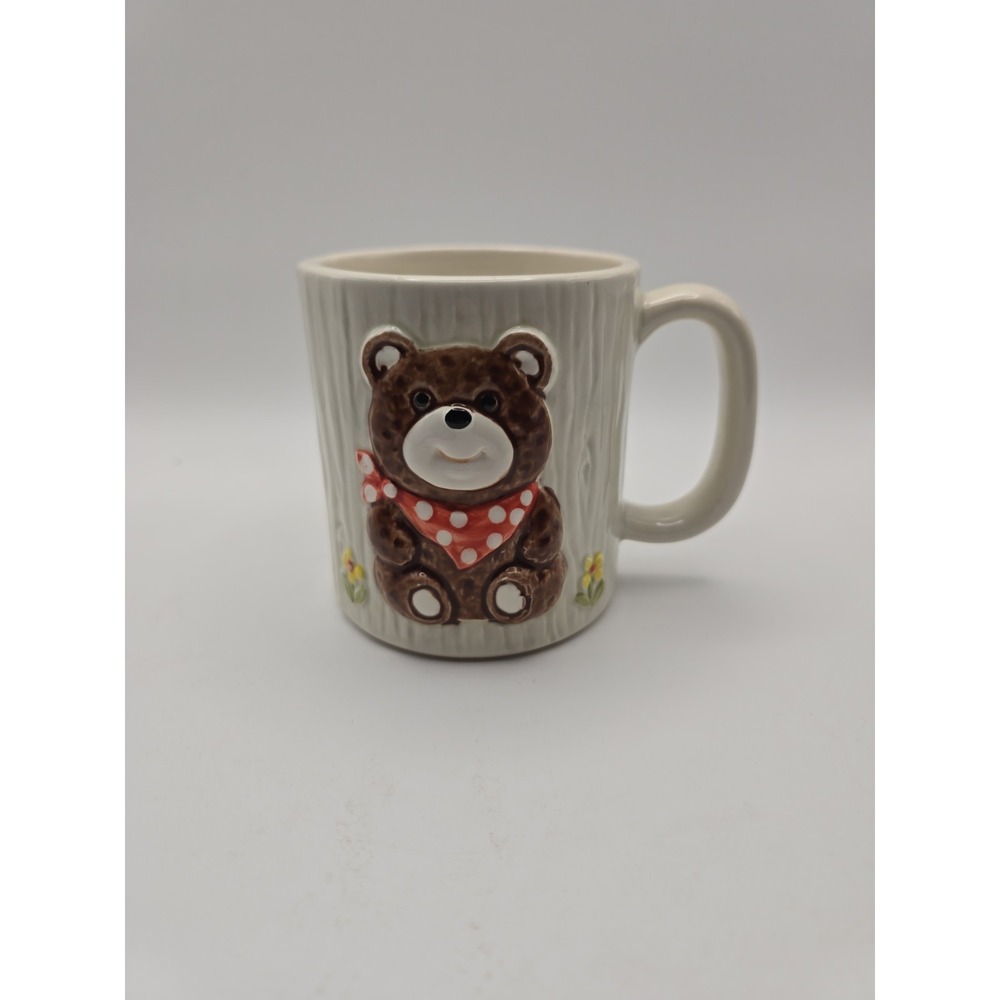 OTAGIRI Vintage 3D Embossed Teddy Bear 10oz Coffee Mug Bear With Bandanna 1983